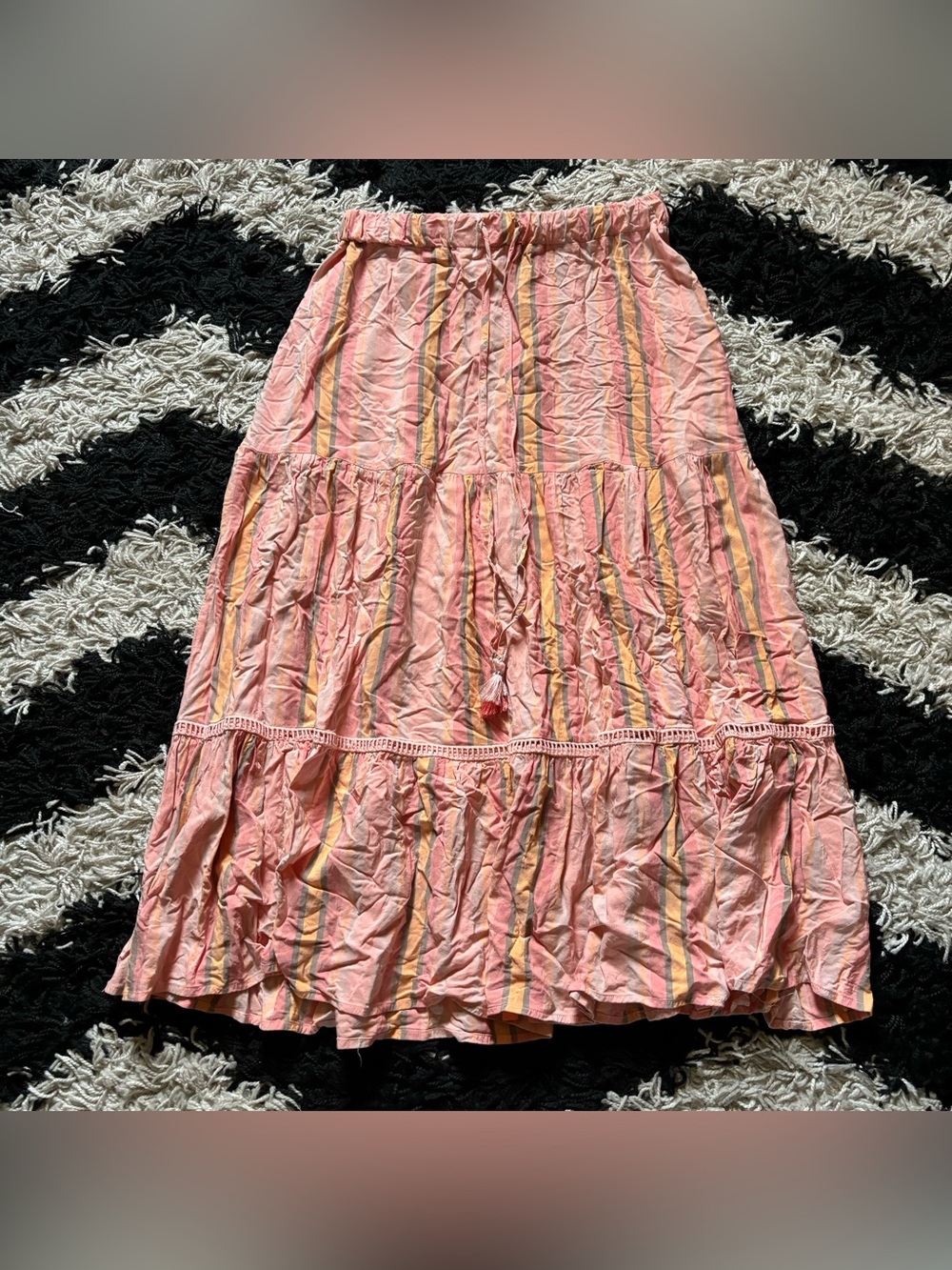 Matilda Jane Cottagecore Pink Multicolor Yellow Striped Tasseled Midi Skirt